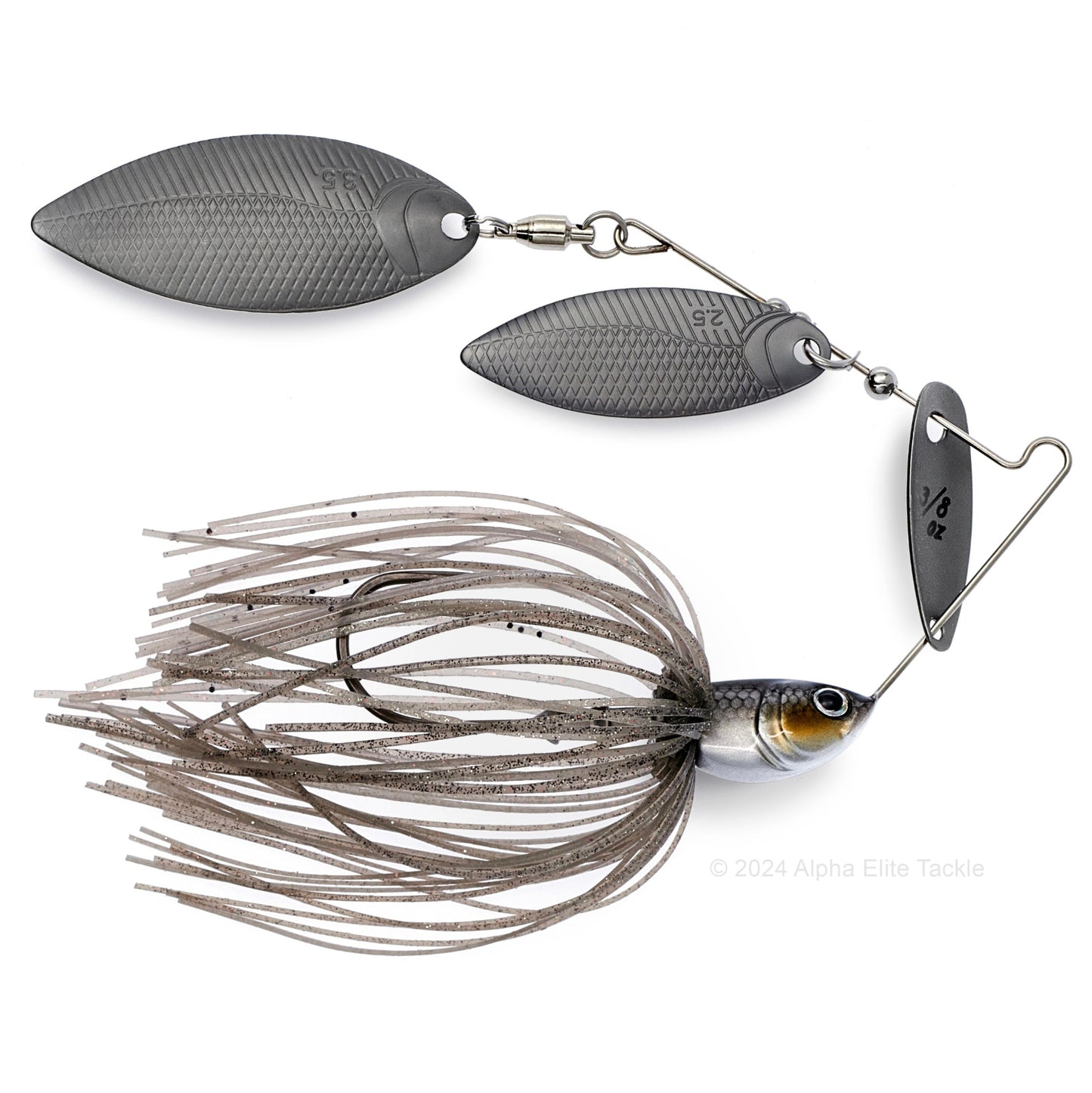 Close up of the BottomUp Beeble Spinnerbait in the color Stealth Shad on a white background