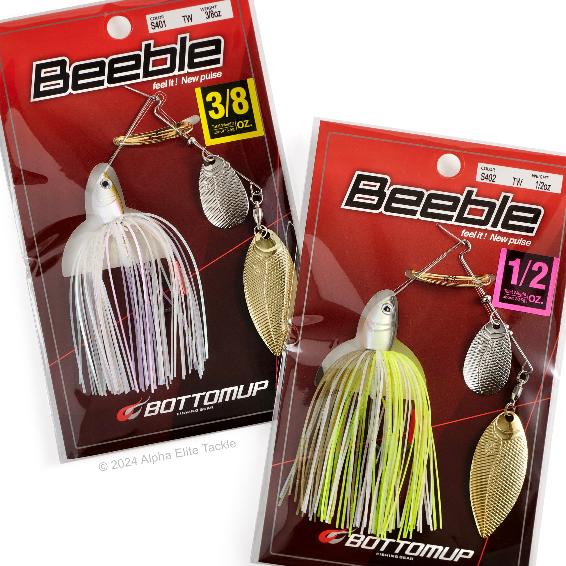 Two packages of the BottomUp Beeble Spinnerbait on a white background