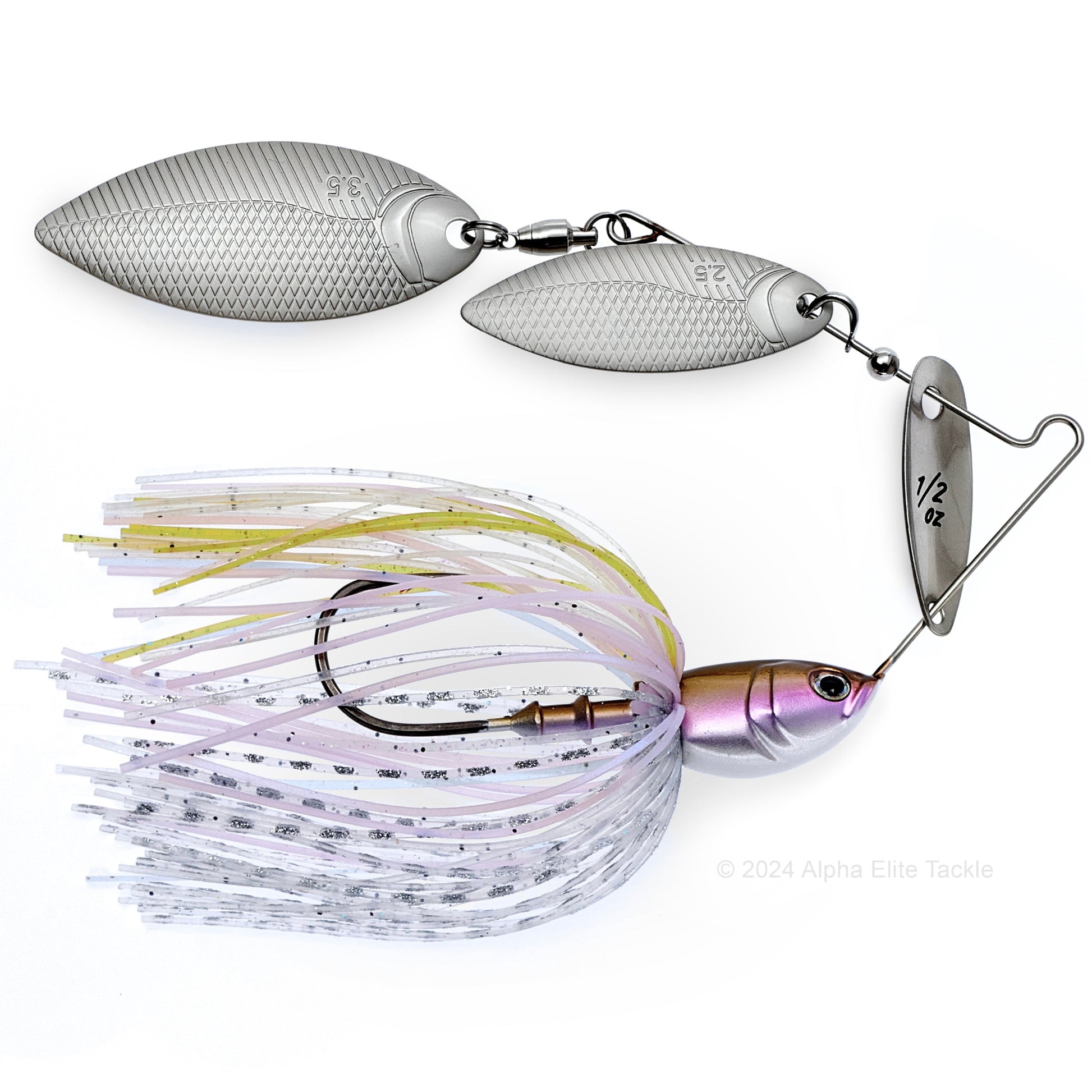 Close up of the BottomUp Beeble Spinnerbait in the color Wakasagi on a white background