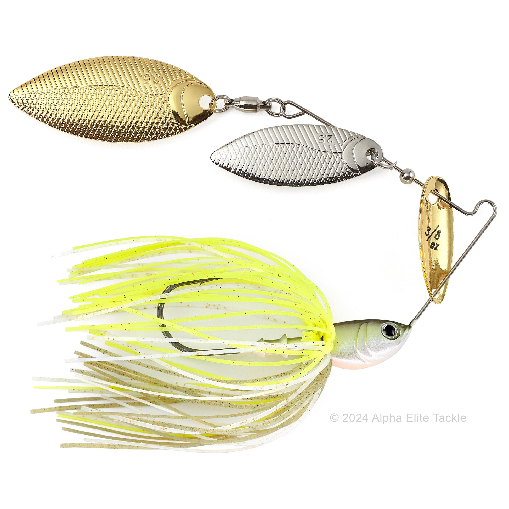 Close up of the BottomUp Beeble Spinnerbait in the color White Chart on a white background