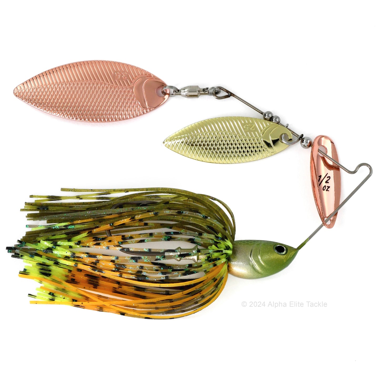 Close up of the BottomUp Beeble Spinnerbait in the color Wild Chartreuse on a white background