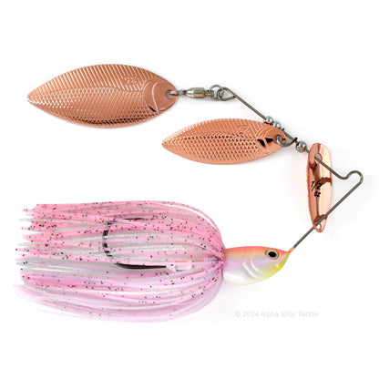 Close up of the BottomUp Beeble Spinnerbait in the color cotton pink on a white background