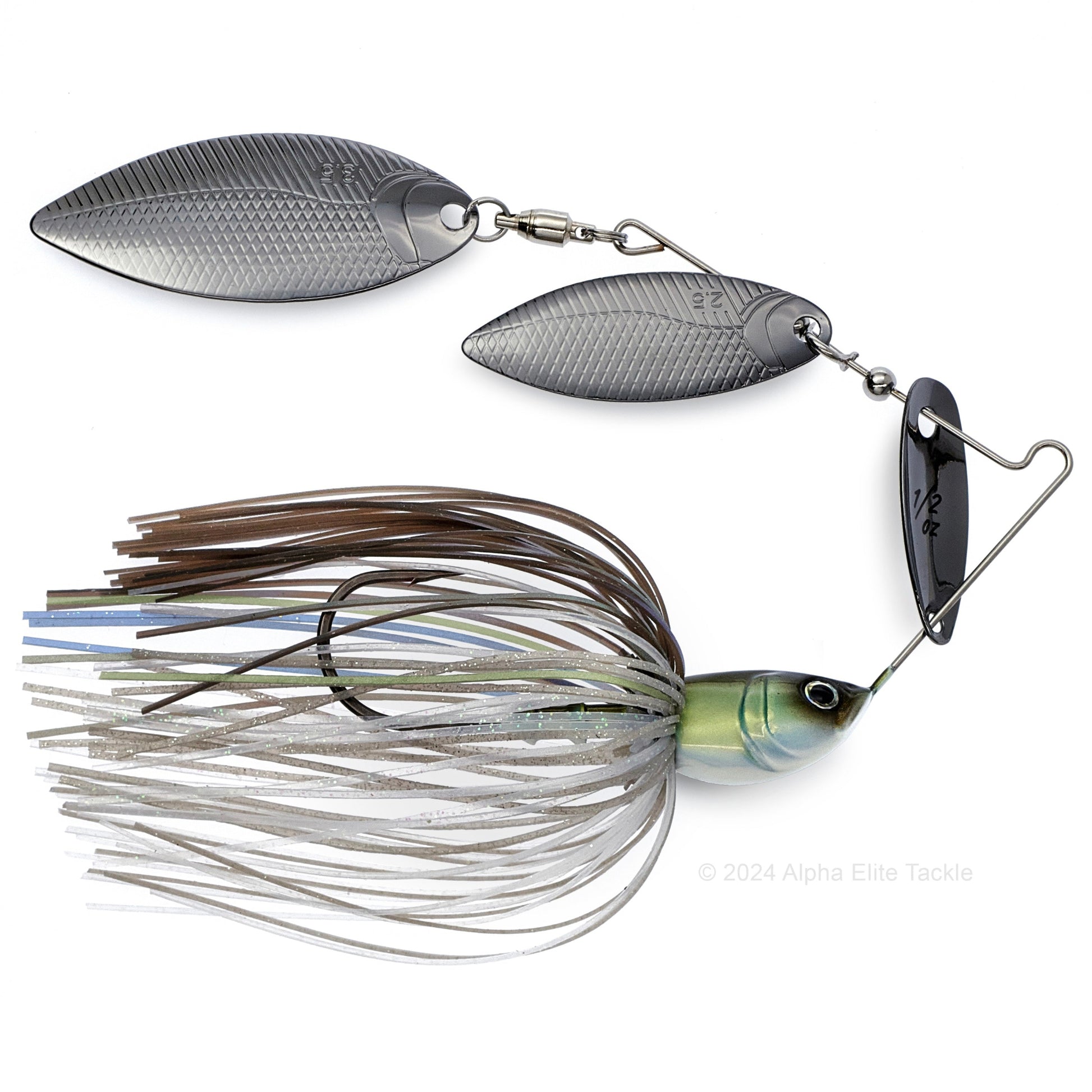 Close up of the BottomUp Beeble Spinnerbait in the color Multi Shad on a white background