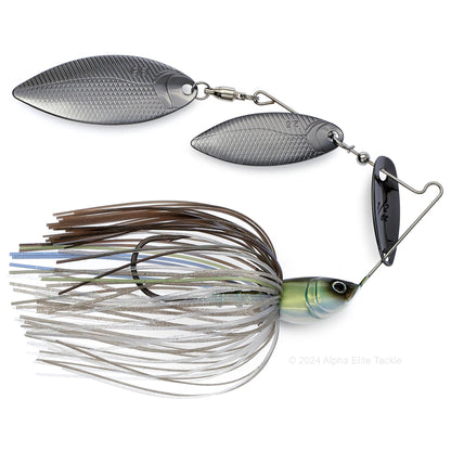 Close up of the BottomUp Beeble Spinnerbait in the color Multi Shad on a white background