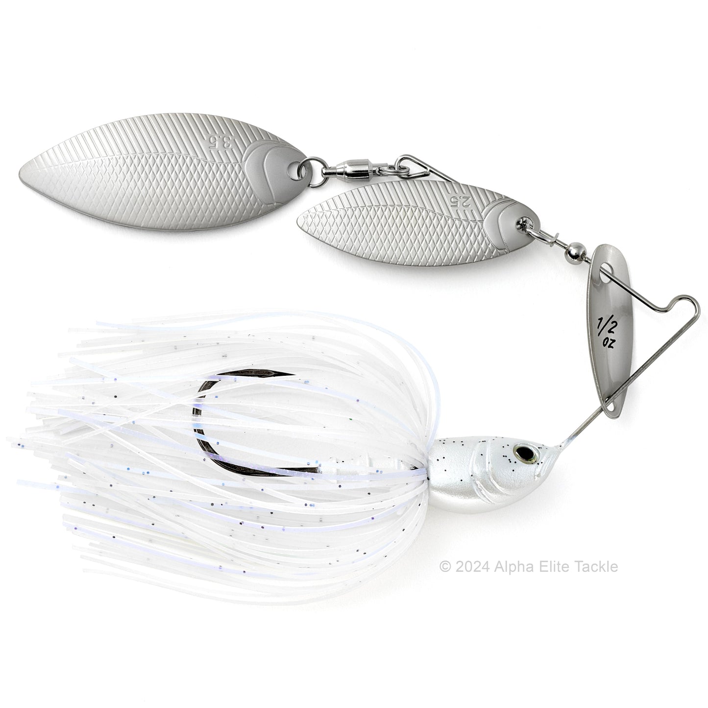 Close up of the BottomUp Beeble Spinnerbait in the color white shad on a white background