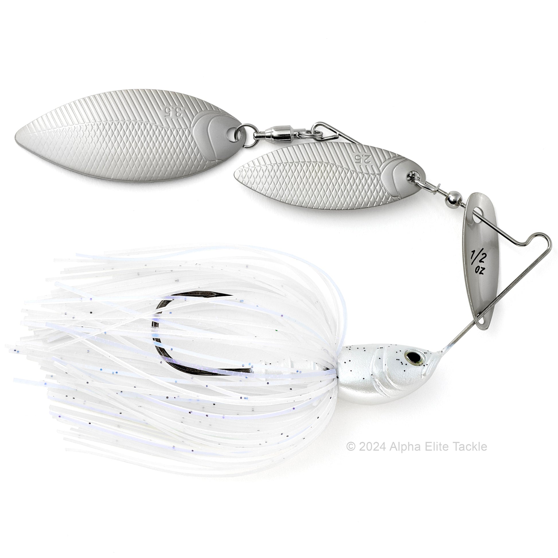 Close up of the BottomUp Beeble Spinnerbait in the color white shad on a white background