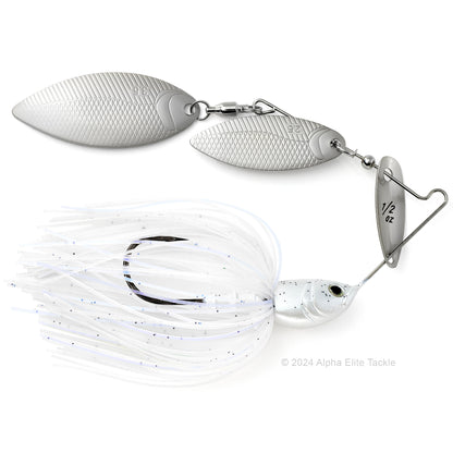 Close up of the BottomUp Beeble Spinnerbait in the color white shad on a white background