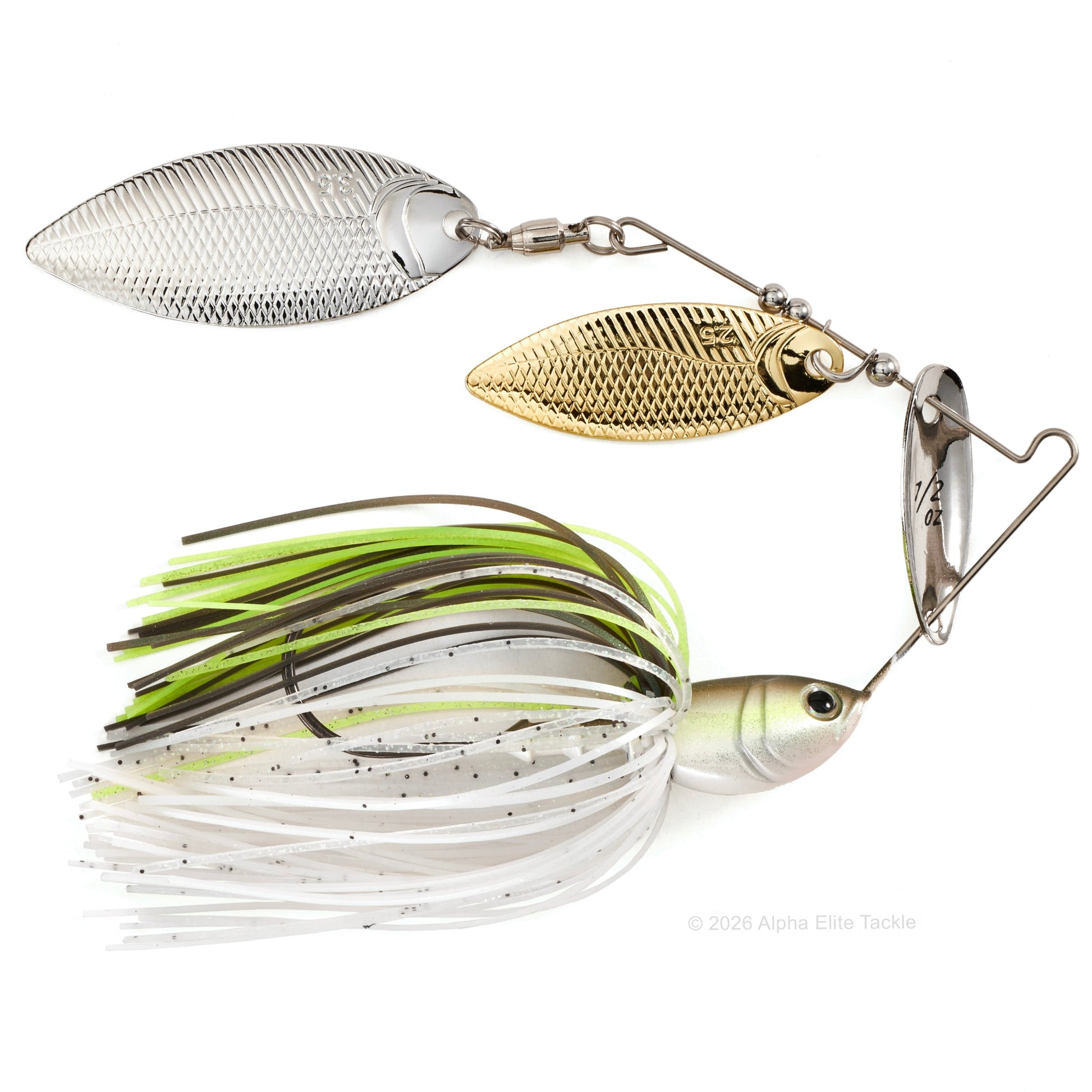 Close up of the Bottom Up Beeble Double Willow spinnerbait in the color Sexy Shite on a white background