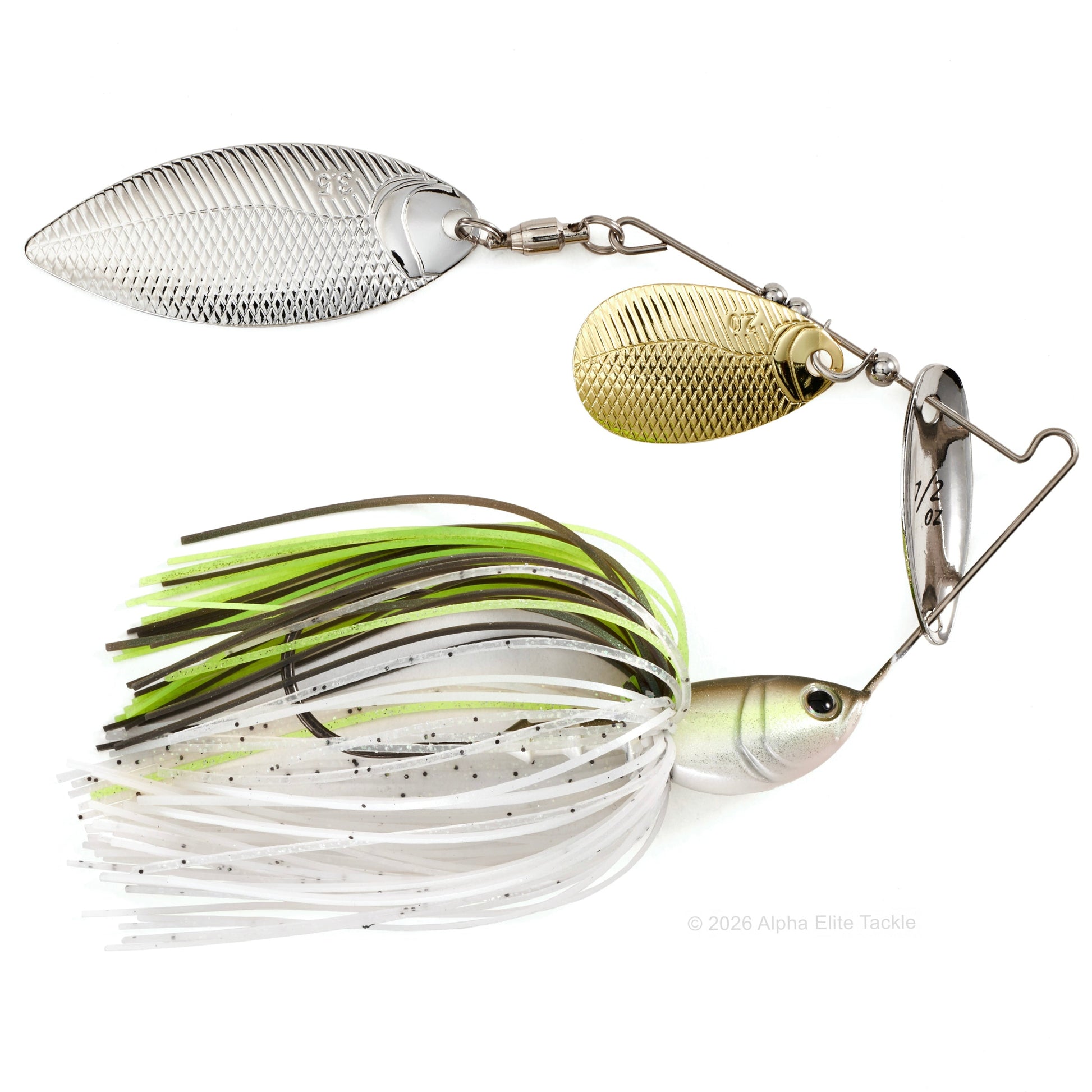 Close up of the Bottom Up Beeble Tandem Willow spinnerbait in the color Sexy Shite on a white background