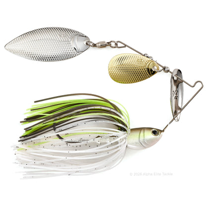 Close up of the Bottom Up Beeble Tandem Willow spinnerbait in the color Sexy Shite on a white background
