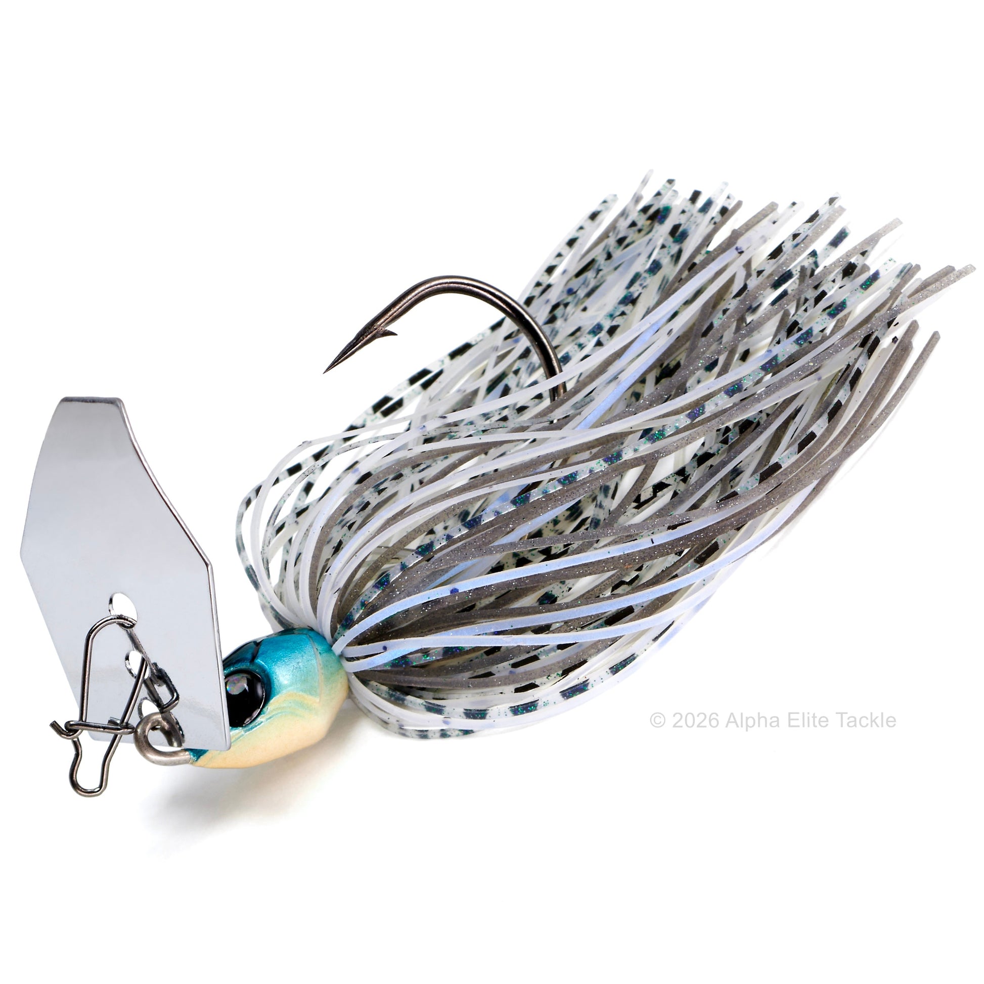 Close up of the Bumblebee Custom Lures B Blade Bladed jig in the color Ghost Shad on a white background.
