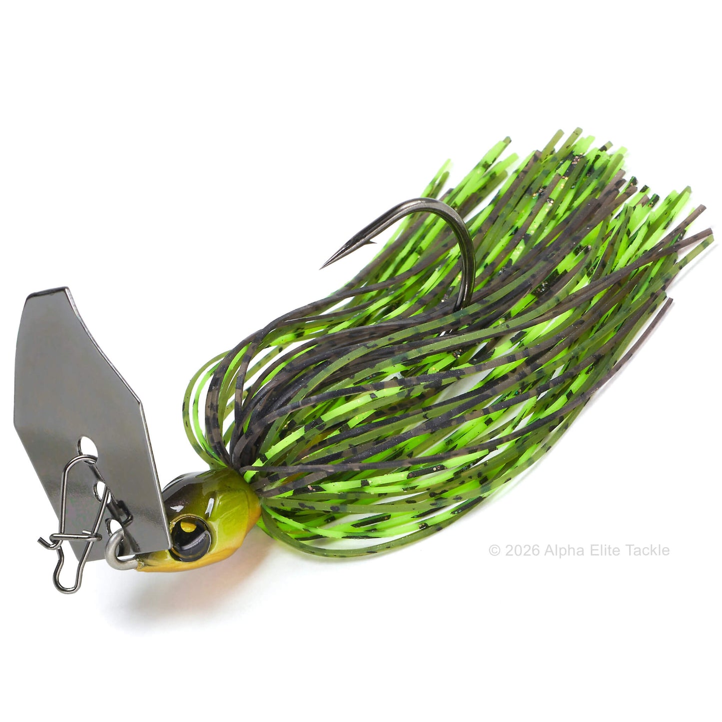 Close up of the Bumblebee Custom Lures B Blade Bladed jig in the color Green Pumpkin Chart on a white background.
