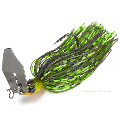 Close up of the Bumblebee Custom Lures B Blade Bladed jig in the color Green Pumpkin Chart on a white background.
