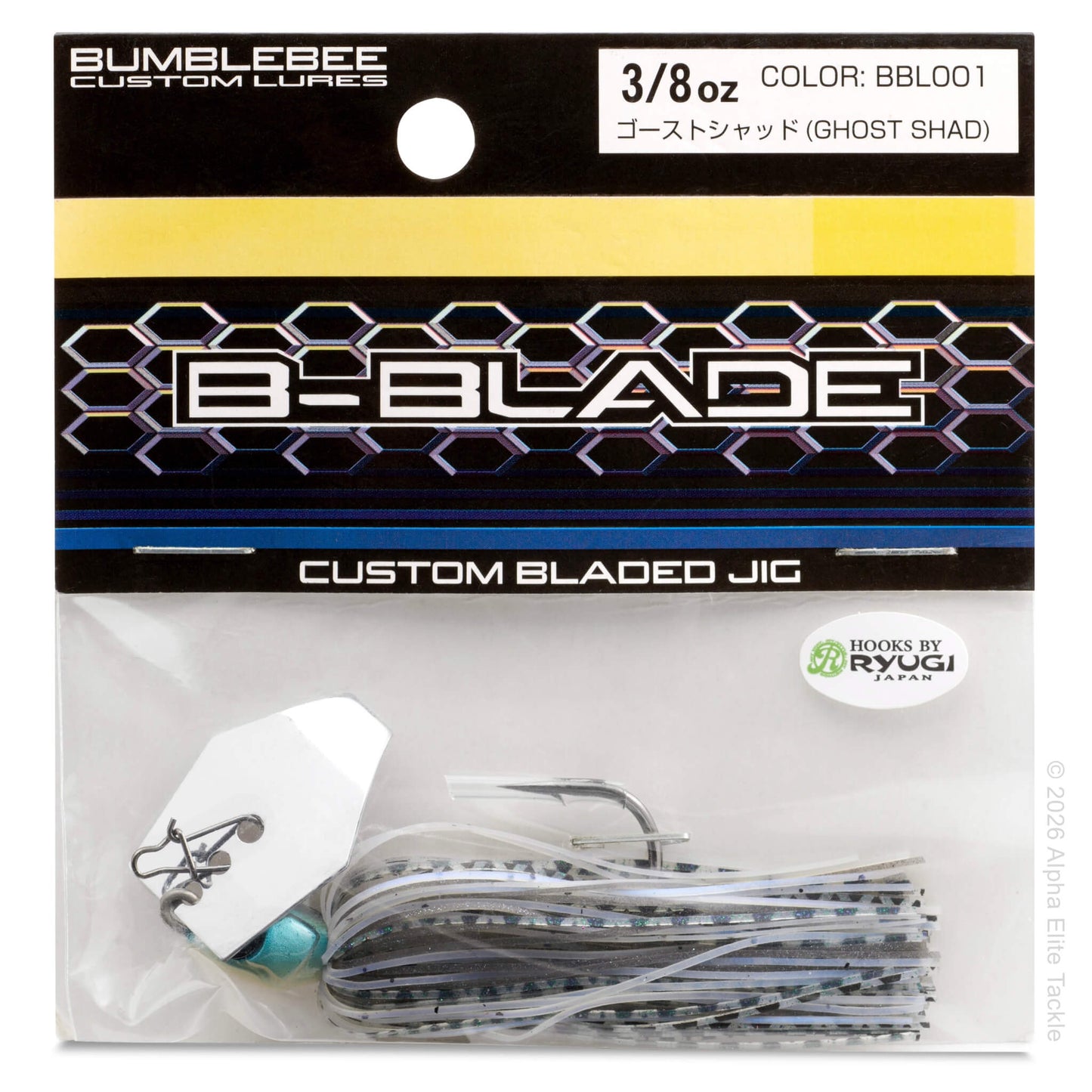 Close up of the Bumblebee Custom Lures B Blade Bladed jig in package on a white background.
