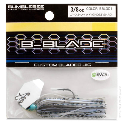 Close up of the Bumblebee Custom Lures B Blade Bladed jig in package on a white background.

