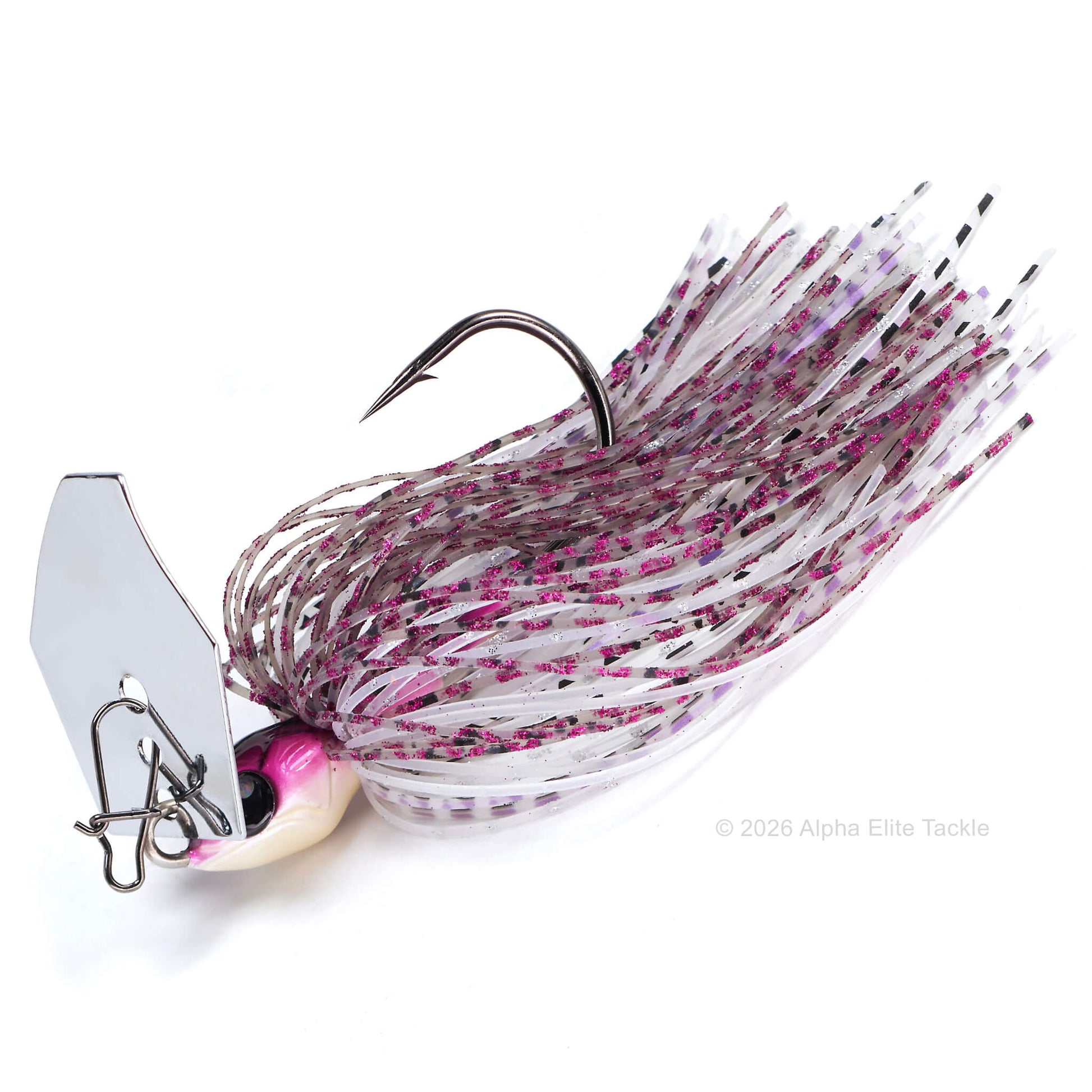 Close up of the Bumblebee Custom Lures B Blade Bladed jig in the color Pink Wakasagi on a white background.

