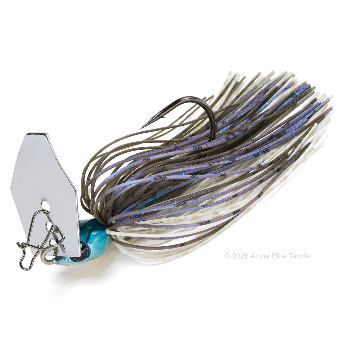 Close up of the Bumblebee Custom Lures B Blade Bladed jig in the color Shad Gold on a white background.
