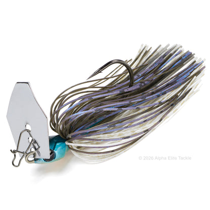 Close up of the Bumblebee Custom Lures B Blade Bladed jig in the color Shad Gold on a white background.
