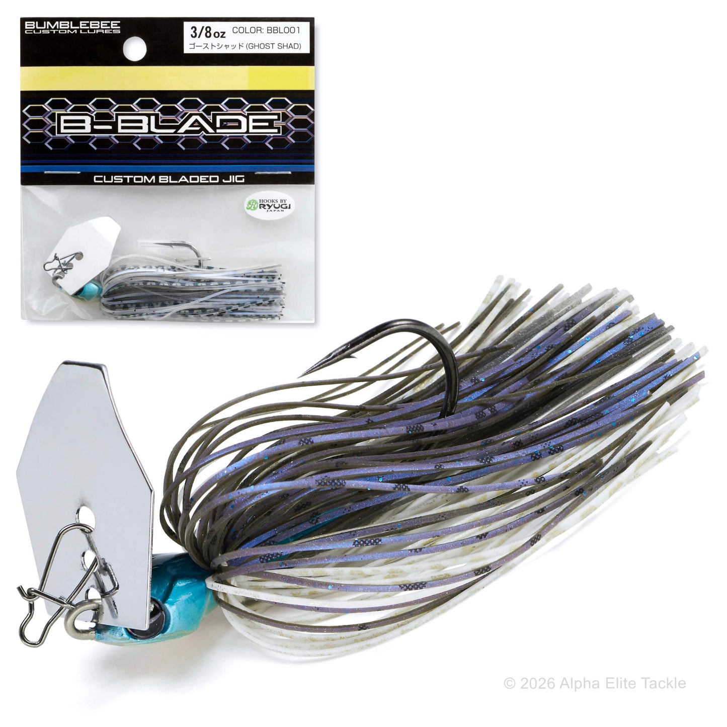 Close up of two Bumblebee Custom Lures B Blade Bladed jigs on a white background.

