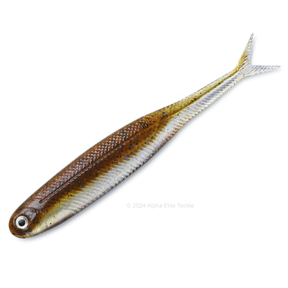 Close up of the DStyle Virola Shad Strolling Minnow in the color Green Pumpkin Flash on a white background.