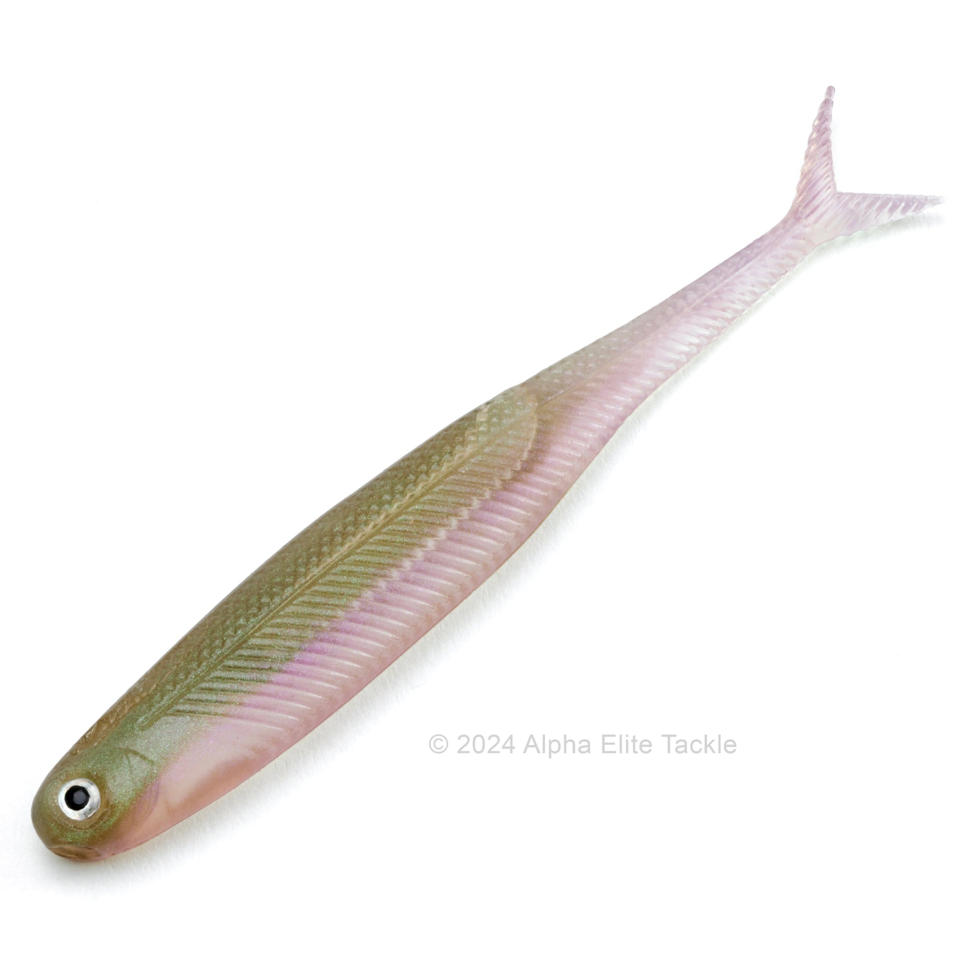 Close up of the DStyle Virola Shad Strolling Minnow in the color Hon-Wakasagi on a white background.