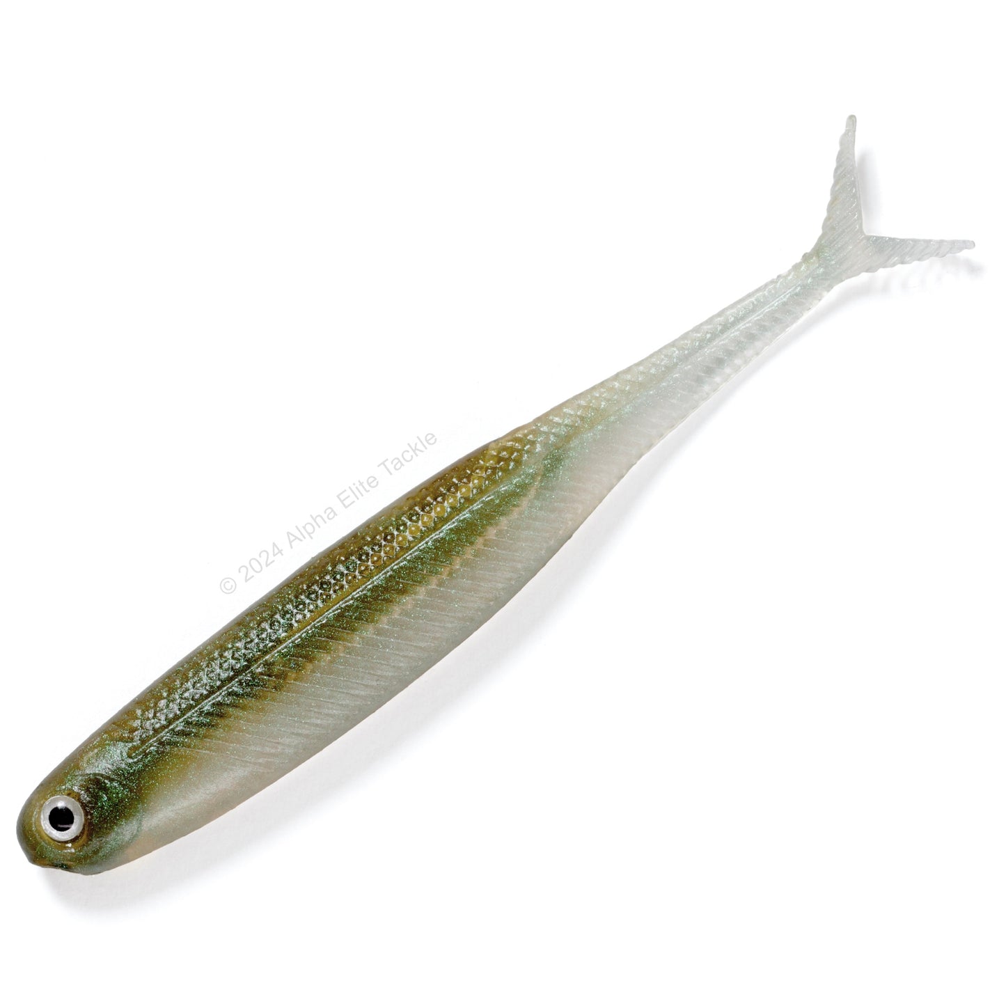 Close up of the DStyle Virola Shad Strolling Minnow in the color Maji Wakasagi on a white background.