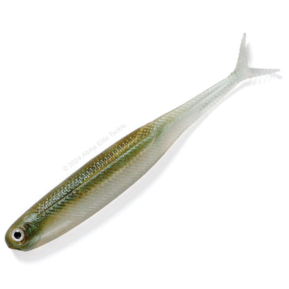 Close up of the DStyle Virola Shad Strolling Minnow in the color Maji Wakasagi on a white background.