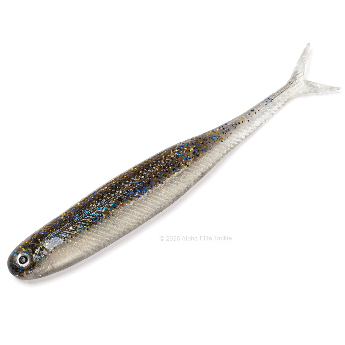 A soft plastic minnow call the DStyle Virola in the color Bluegill on a white background