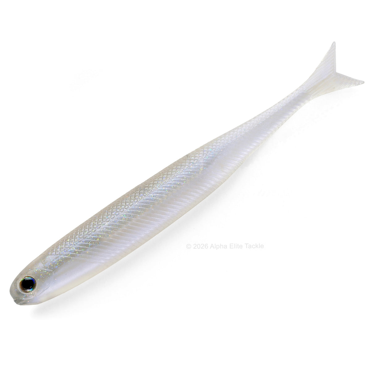 A soft plastic minnow in the color Hiuo on a white background.  Minnow is the Dstyle Virola
