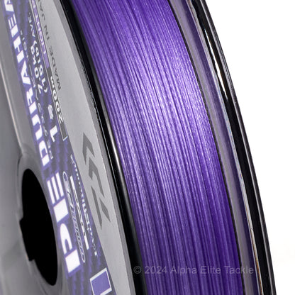 Close up of a spool of Daiwa Sinking 8+1 Braid in the color purple