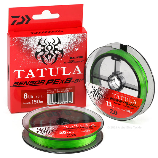 Daiwa Tatula Sensor PEx8 Braid fishing line spools and packaging with red box on a white background
