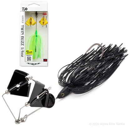Close up of the Daiwa Steez Double Prop Buzzbait in the color Black with black blades on a white background.