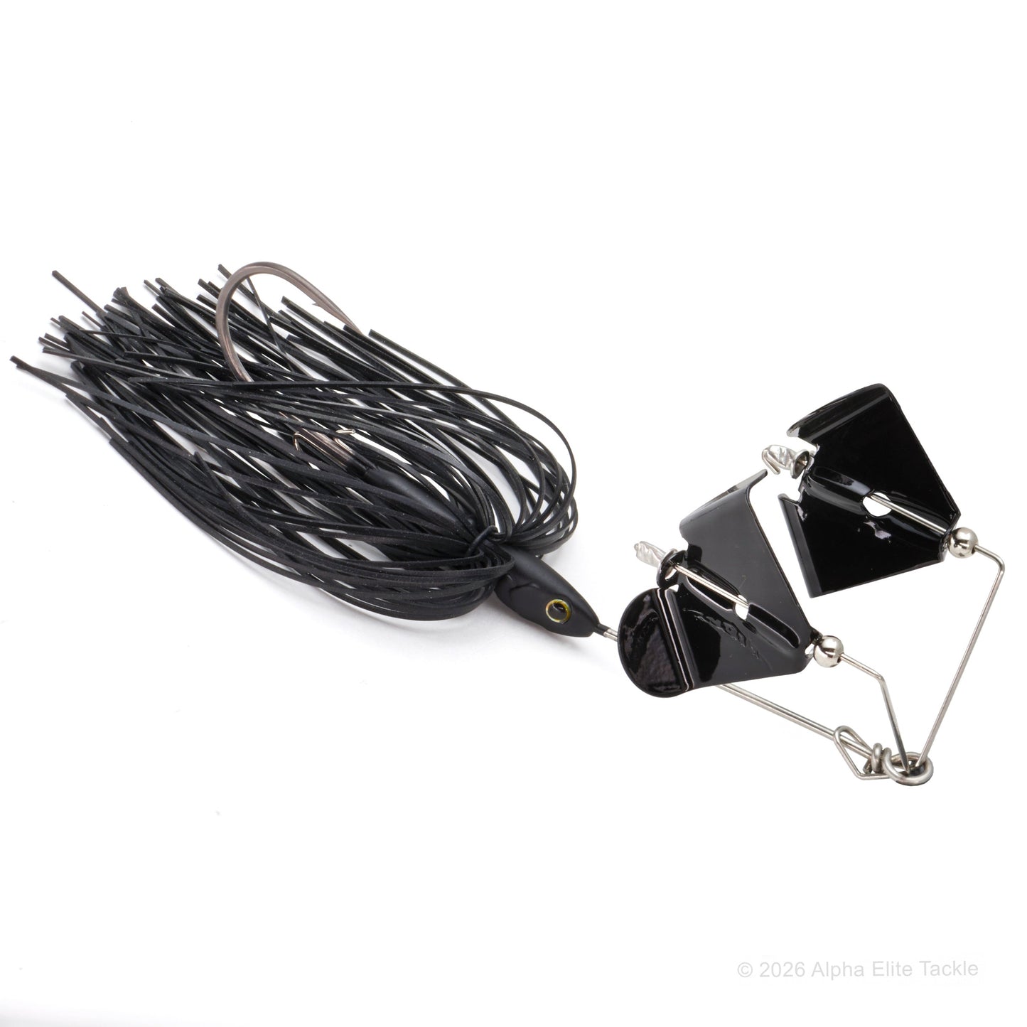 Close up of the Daiwa Steez Double Prop Buzzbait in the color Black with Black Blades on a white background.