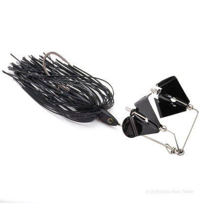 Close up of the Daiwa Steez Double Prop Buzzbait in the color Black with Black Blades on a white background.