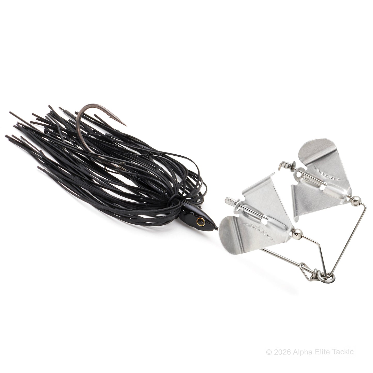 Close up of the Daiwa Steez Double Prop Buzzbait in the color Black with Silver Blades on a white background.