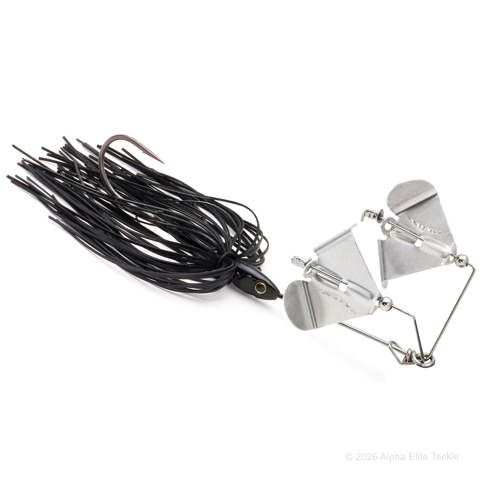 Close up of the Daiwa Steez Double Prop Buzzbait in the color Black with Silver Blades on a white background.