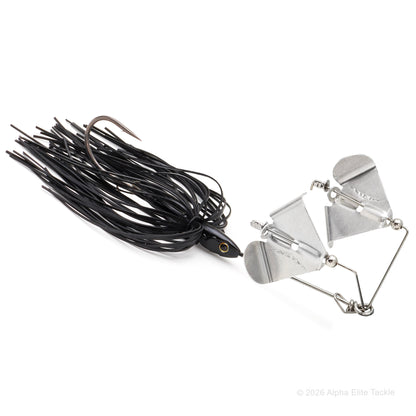 Close up of the Daiwa Steez Double Prop Buzzbait in the color Black with Silver Blades on a white background.