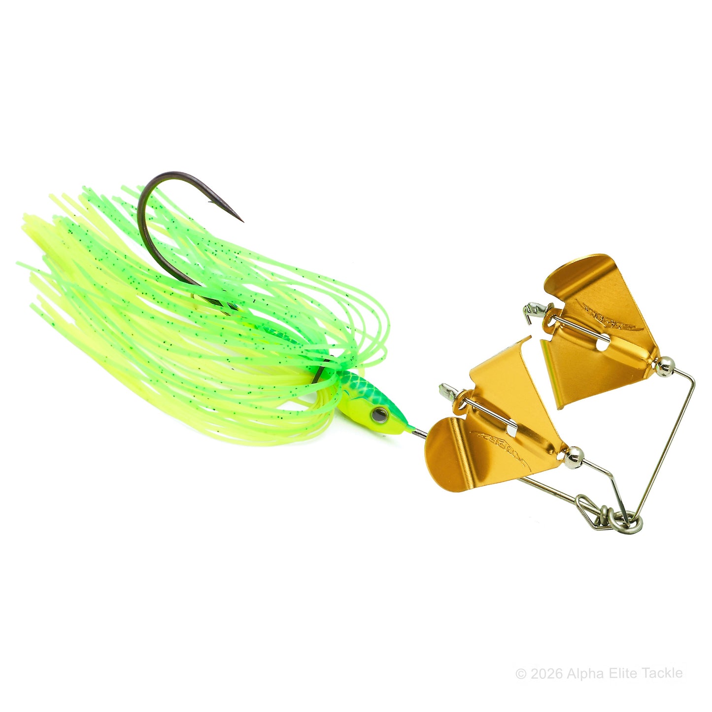 Close up of the Daiwa Steez Double Prop Buzzbait in the color Lime Chart with Gold Blades on a white background.