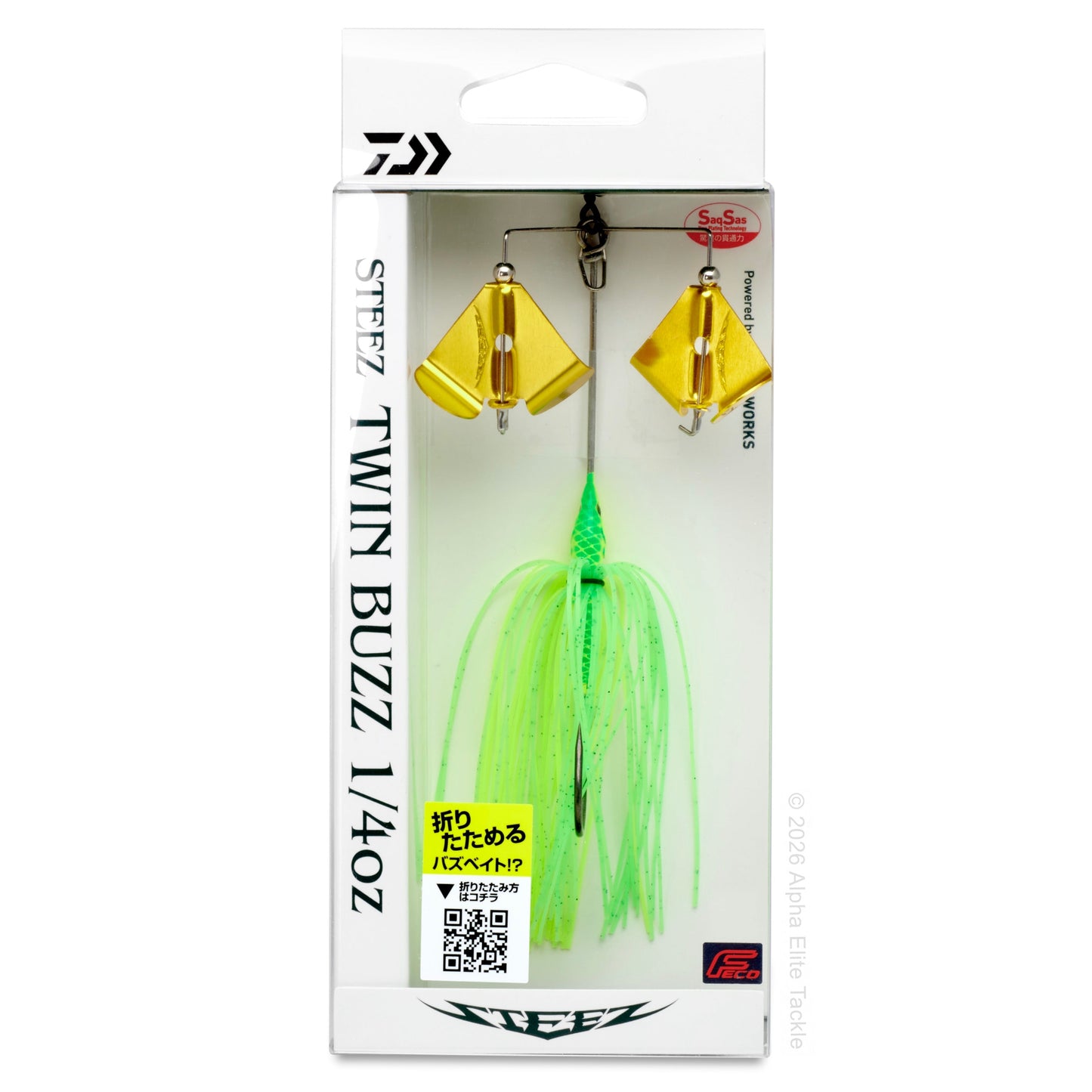 Close up of the Daiwa Steez Double Prop Buzzbait in the color Lime Chart with gold blades on a white background.