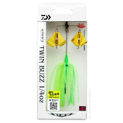 Close up of the Daiwa Steez Double Prop Buzzbait in the color Lime Chart with gold blades on a white background.