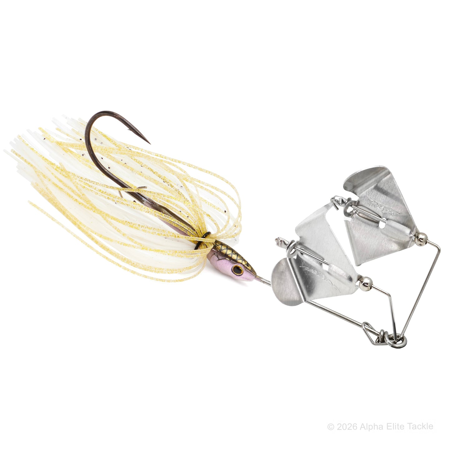 Close up of the Daiwa Steez Double Prop Buzzbait in the color Wakasagi on a white background.