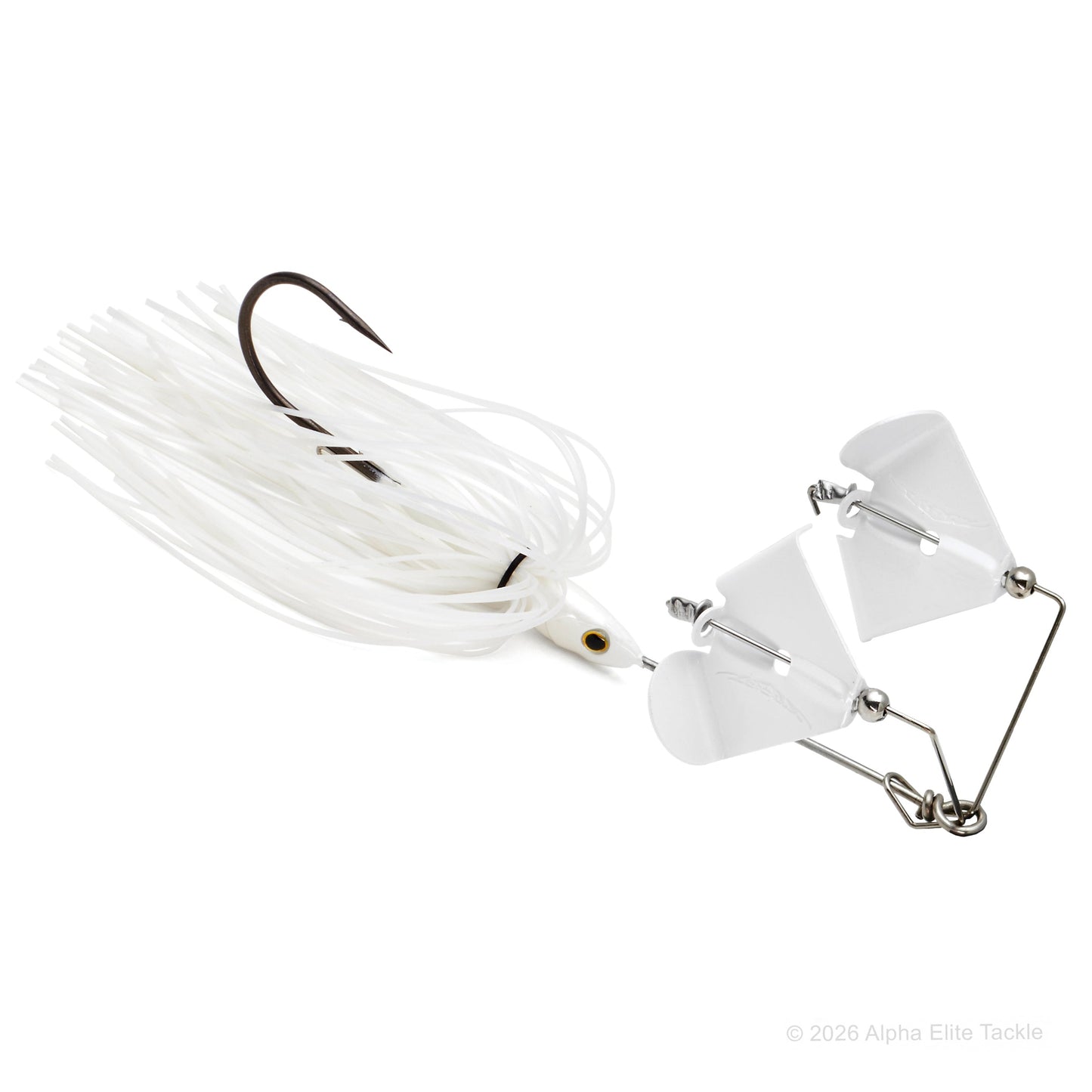 Close up of the Daiwa Steez Double Prop Buzzbait in the color White with White Blades on a white background.