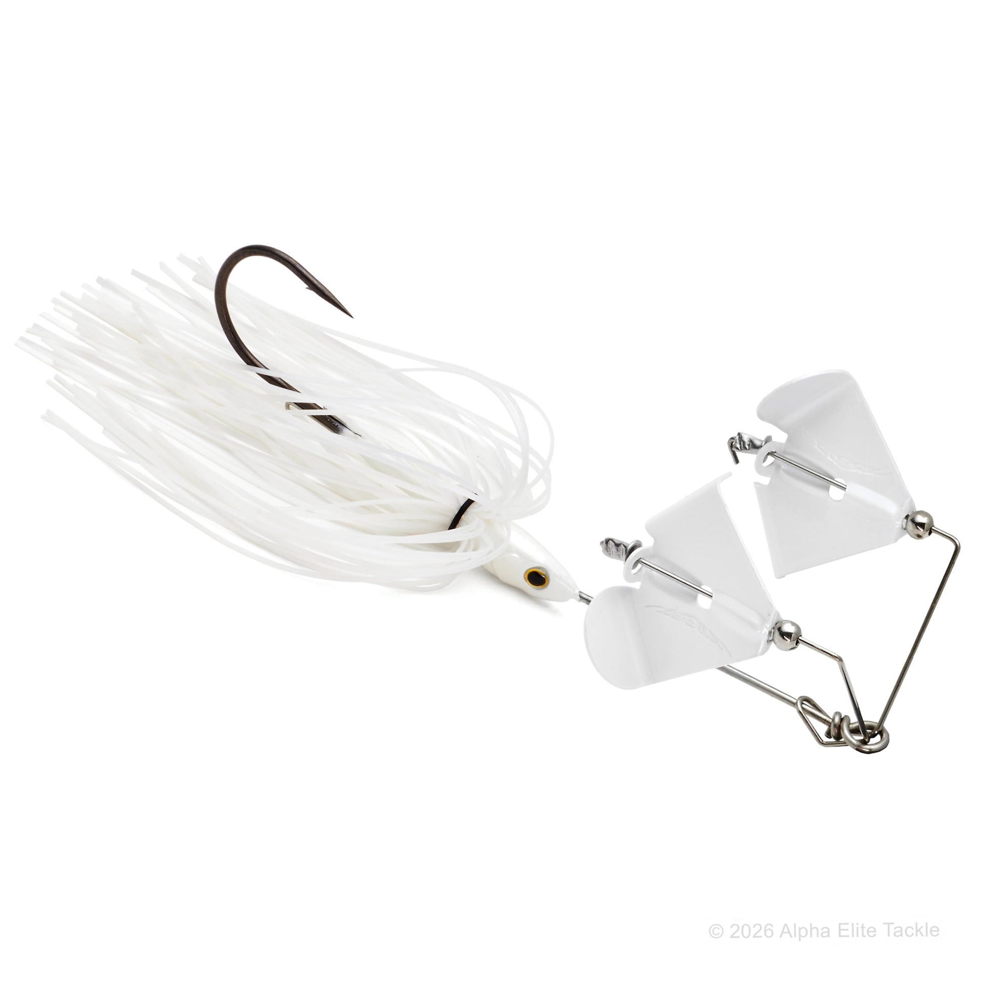Close up of the Daiwa Steez Double Prop Buzzbait in the color White with White Blades on a white background.