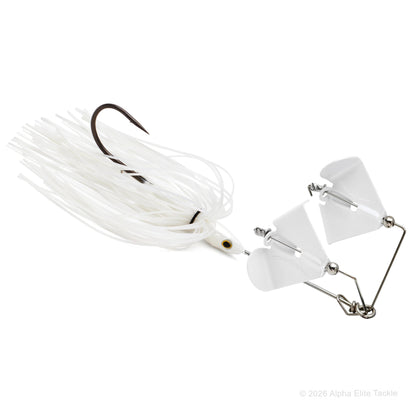 Close up of the Daiwa Steez Double Prop Buzzbait in the color White with White Blades on a white background.