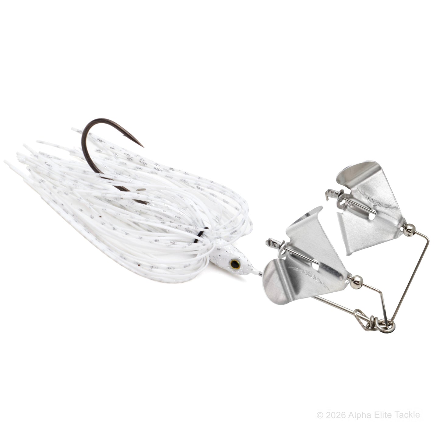 Close up of the Daiwa Steez Double Prop Buzzbait in the color White Shad with Silver Blades on a white background.