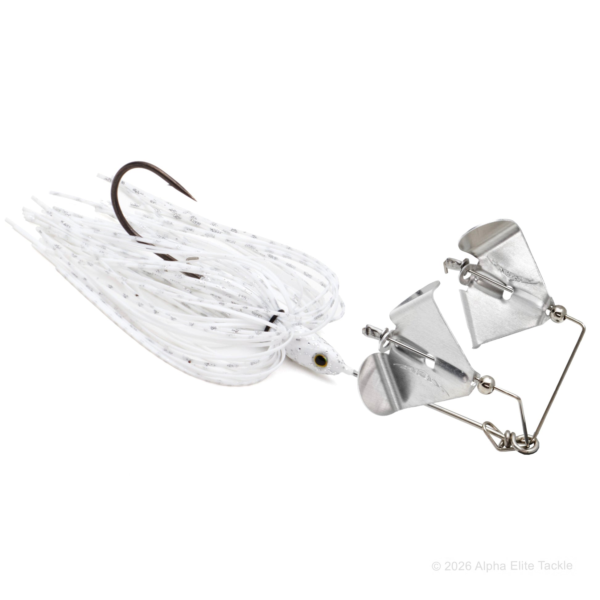 Close up of the Daiwa Steez Double Prop Buzzbait in the color White Shad with Silver Blades on a white background.