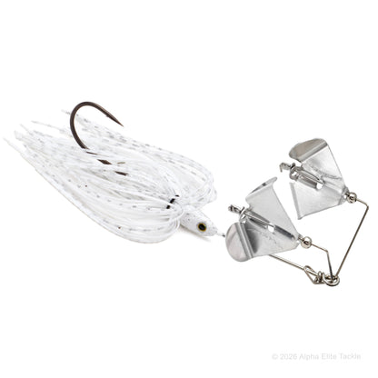 Close up of the Daiwa Steez Double Prop Buzzbait in the color White Shad with Silver Blades on a white background.