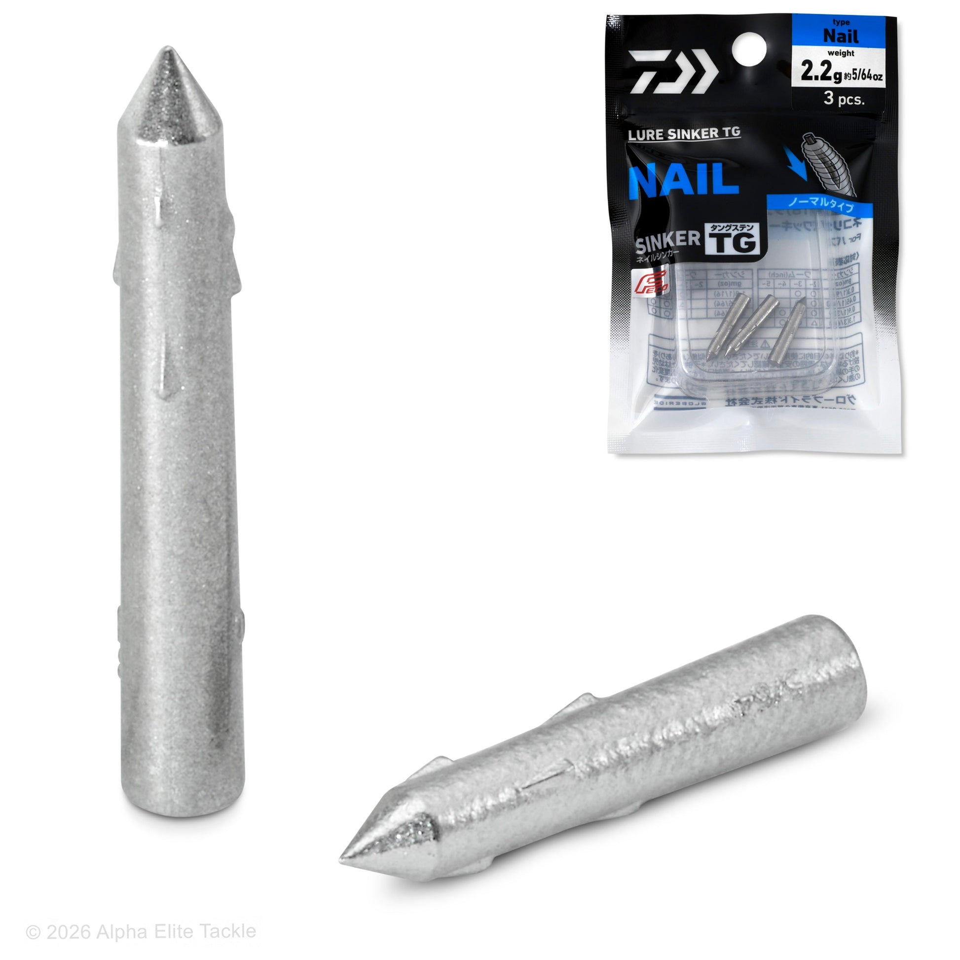 Two tungsten nail weights with it's packaging on a white background