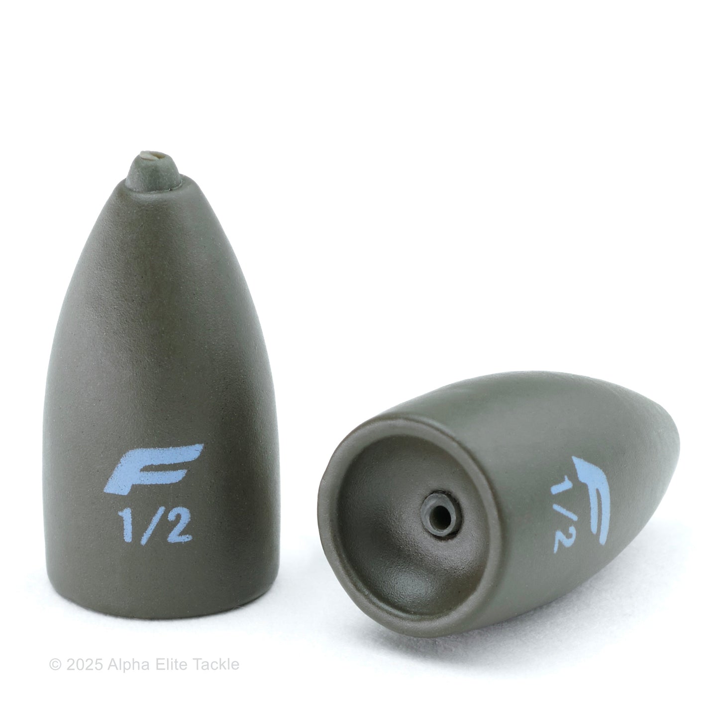 Two fishing sinkers with 'F' logo and measurement on a white background