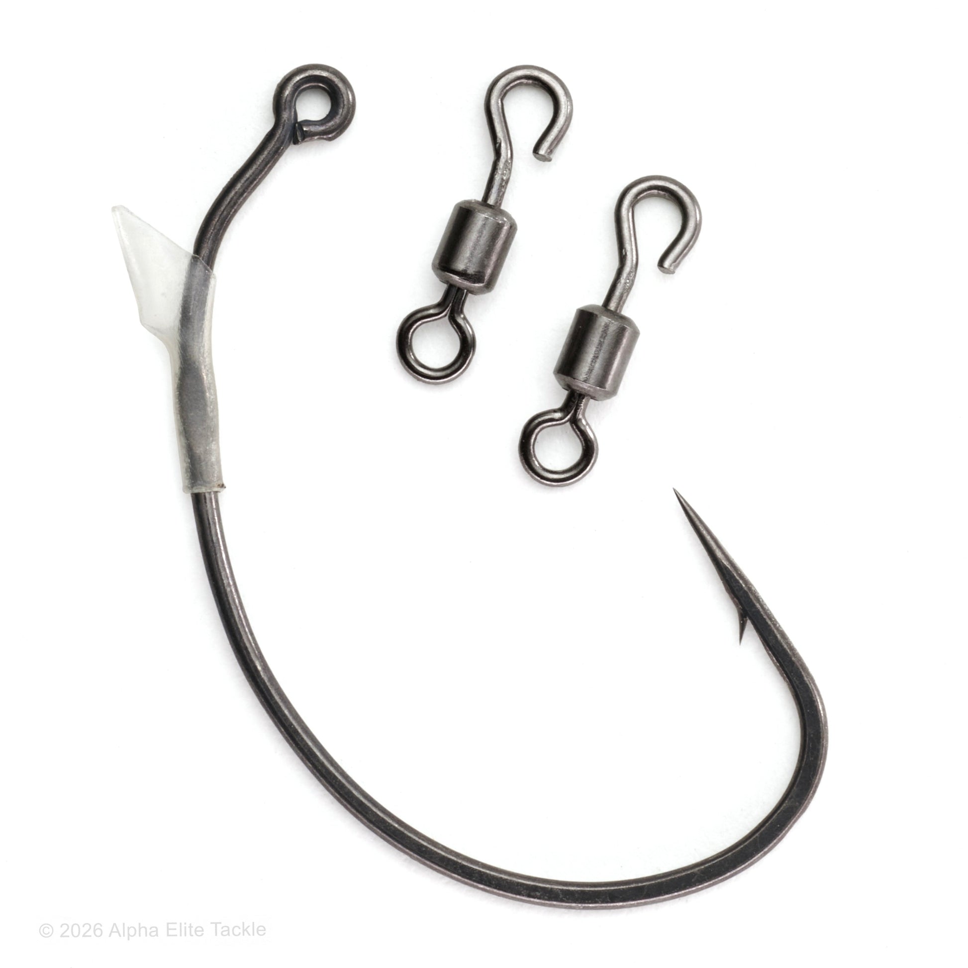 Fishing hook with wire and two swivel connectors on a white background